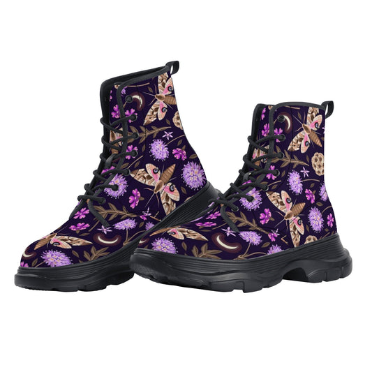 Dark Purple Butterfly Womens Leather Chunky Boots - Blue BØxpopcustoms