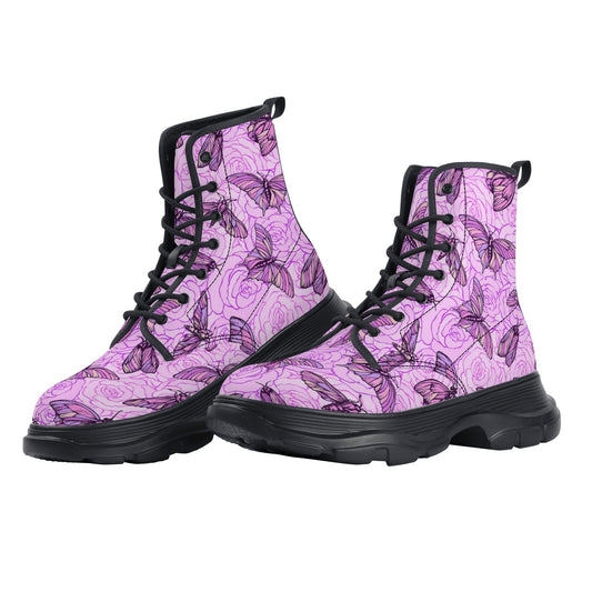 Pink Butterfly Womens Leather Chunky Boots - Blue BØxpopcustoms