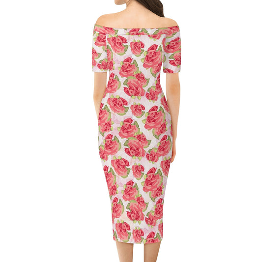 Red Roses Womens Off The Shoulder Office Lady Dress - Blue BØxpopcustoms