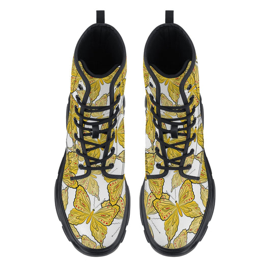 Yellow Butterfly Womens Leather Chunky Boots - Blue BØxpopcustoms