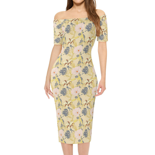 Yellow Floral Womens Off The Shoulder Office Lady Dress - Blue BØxpopcustoms